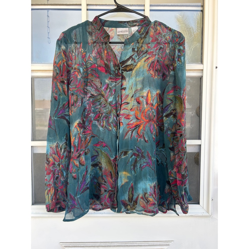 Chico's 100% Silk Floral Watercolor Button Down TealSize 2 L Artsy Dopamine
